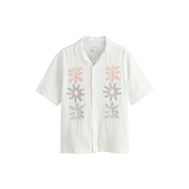 Chemise en étamine brodée à manches courtes blanc <span itemprop=