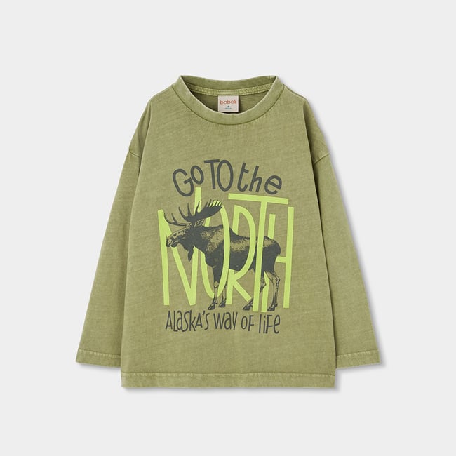 T-shirt garçon maille imprimé élan vert <span itemprop=