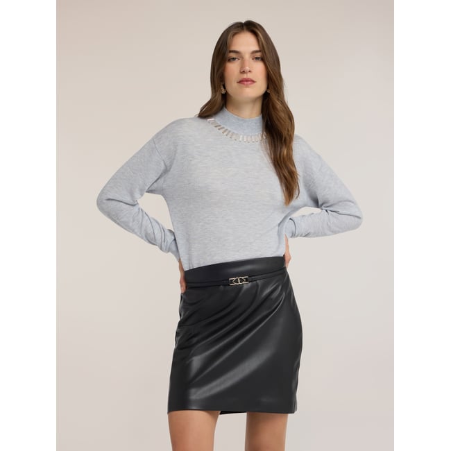 Pull col roulé en côtes gris <span itemprop=