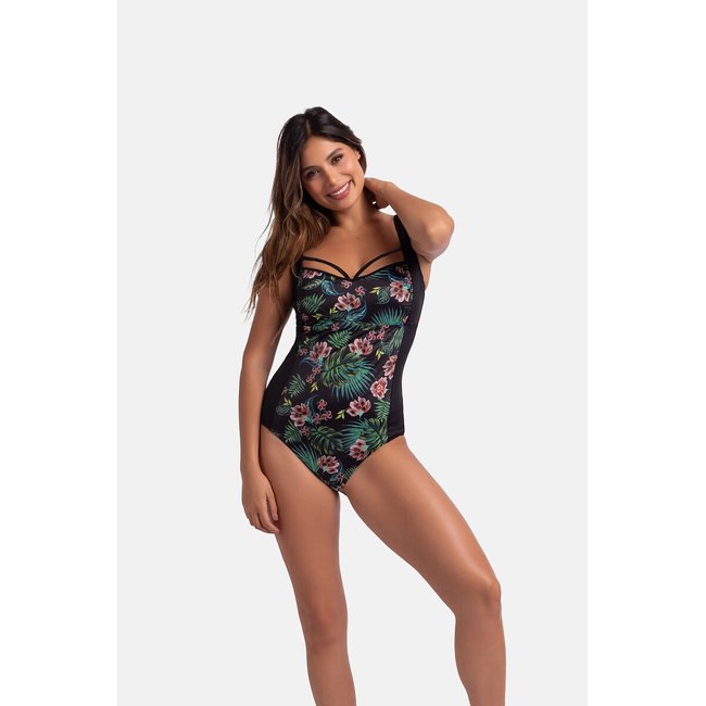 Maillot de bain 1 p couvrant Mandika imp floral fond noir <span itemprop=