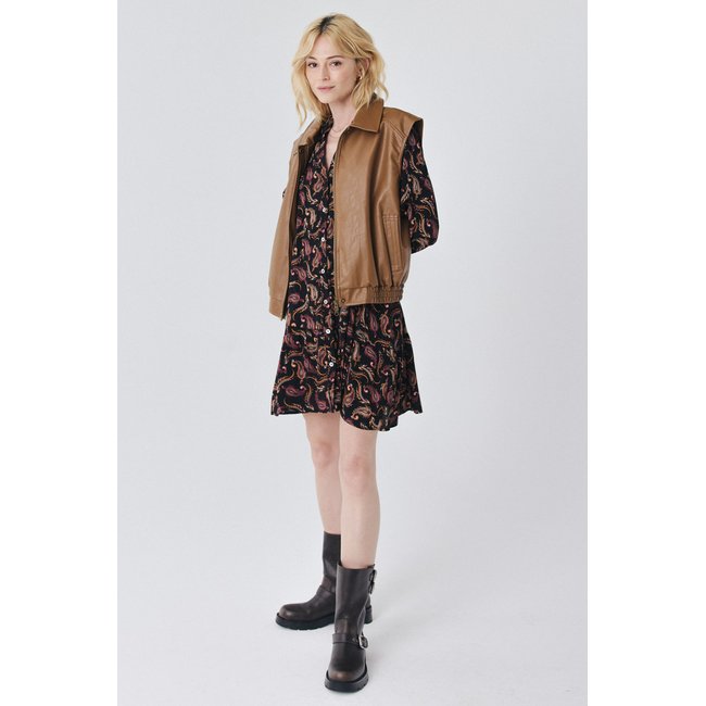 Veste sans manches en cuir fermeture à bouton-pression et poches avant DENIA marron <span itemprop=