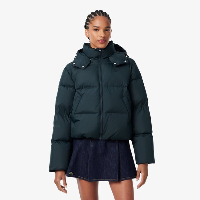 Doudoune courte à capuche vert foncé <span itemprop=