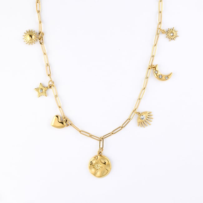 Collier maillons à charms en acier inoxydable doré <span itemprop=