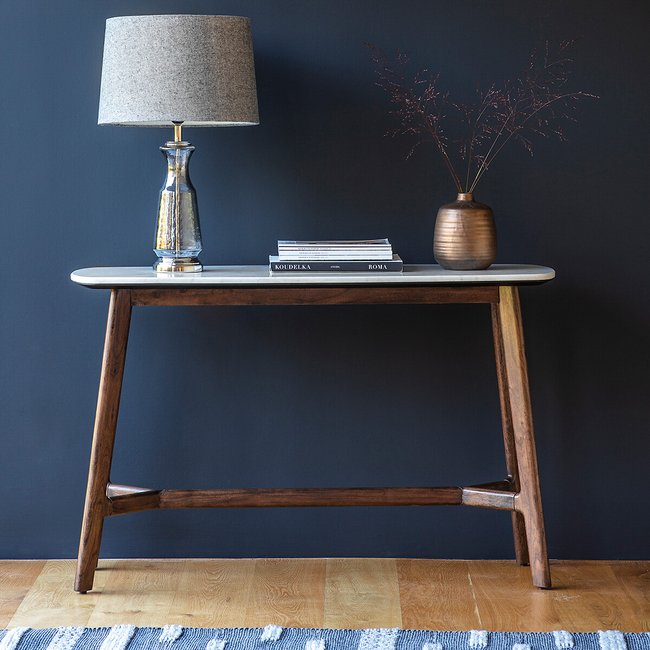 Dhuburi Marble & Walnut Console Table, dark wood, SO'HOME