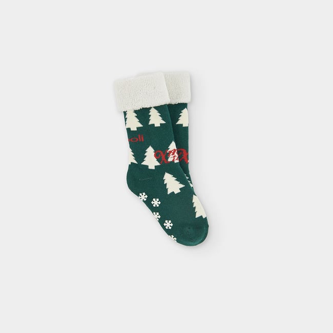 Chaussette haute imprimée sapins de Noël vert <span itemprop=