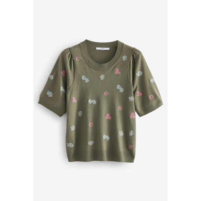 Pull ras du cou à manches courtes broderie florale vert kaki <span itemprop=