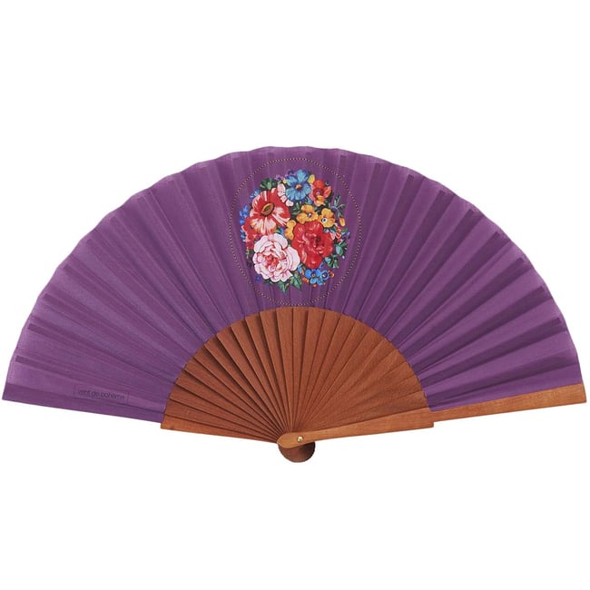 Éventail en bois, médaillon fleuri, HOLY violet <span itemprop=
