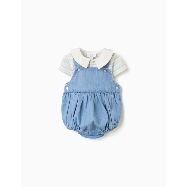 Ensemble body à rayures et barboteuse en jean bleu <span itemprop=