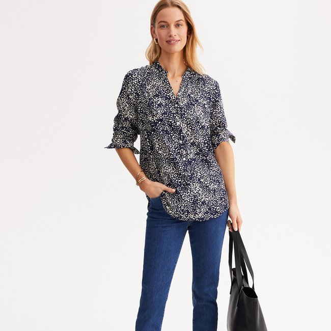 Long-Sleeved Printed Blouse with Grandad Collar, print/blue background, ANNE WEYBURN