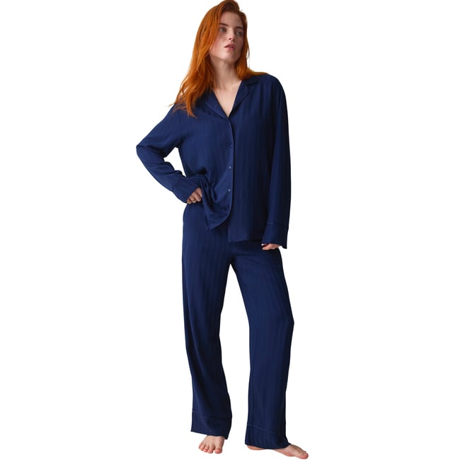 Pyjama pantalon chemise AMOURETTE JACQUARD bleu <span itemprop=