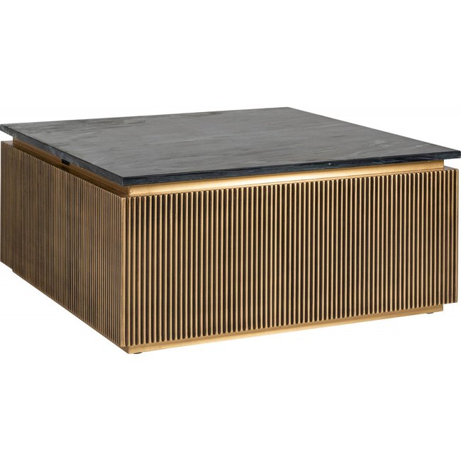 Table basse en marbre carré, Ironville Couleur or sur piètement noir <span itemprop=