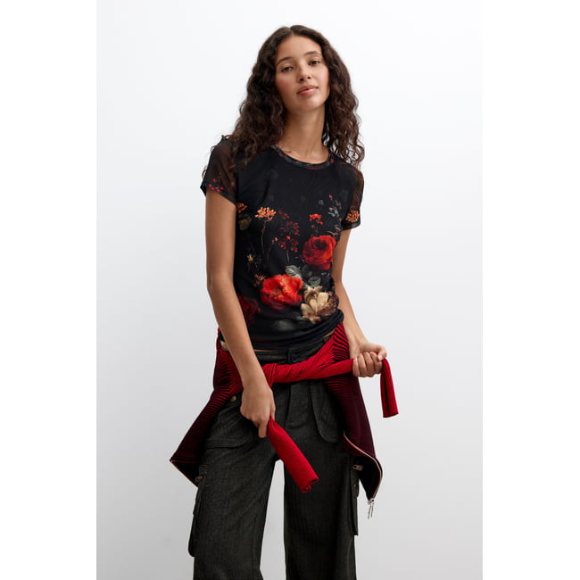 T-shirt à manches courtes avec fleurs noir <span itemprop=
