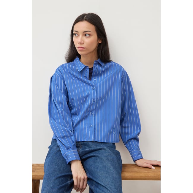 Chemise droite manches longues rayée bleu <span itemprop=