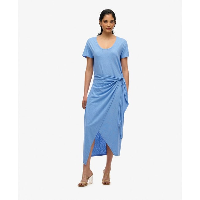 Robe portefeuille midi flammée bleu jacinthe <span itemprop=