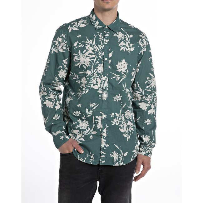 Camisa direita, mangas compridas verde <span itemprop=