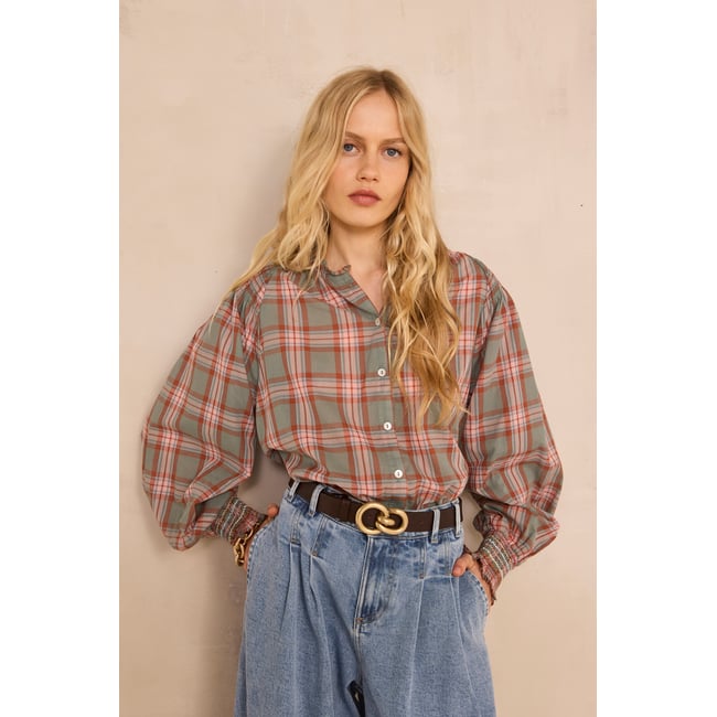 Blouse à carreaux manches longues en coton MANON petrole <span itemprop=