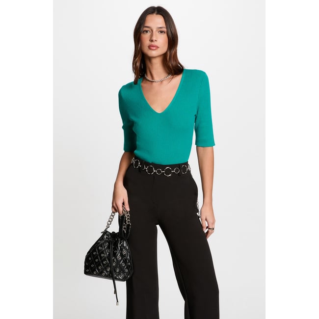 Pull col en V bleu turquoise <span itemprop=