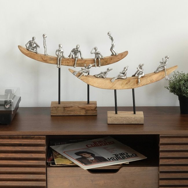 Декор для интерьера деревянный, фигурка лодка из манго серебристый SO'HOME
