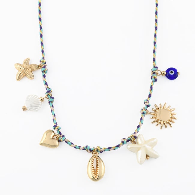 Collier cordon à charms coquillage bleu <span itemprop=