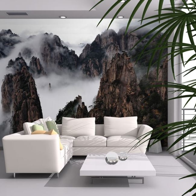 Papier peint intissé panoramique Paysage Mer de nuages, Monts Huang Shan, Chine Couleur noir <span itemprop=