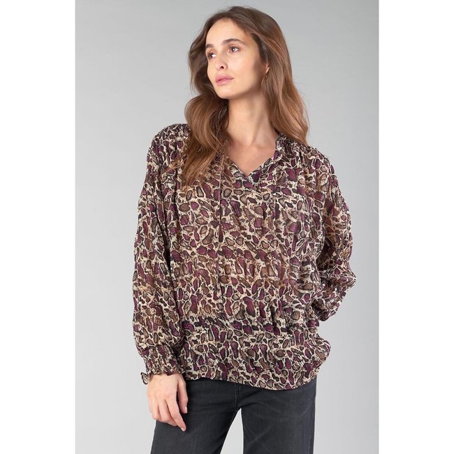 Blouse col montant, manches longues marron/rouge <span itemprop=