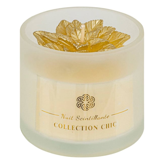 Bougie poinsettia en verre doré 120 g Couleur doré <span itemprop=