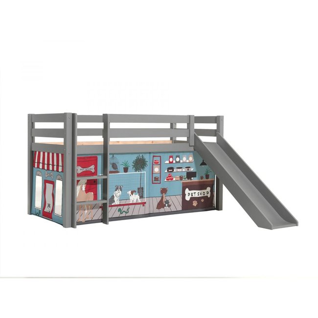 PINO Lit mezzanine avec toboggan pin massif Gris + Rideau pour lit en 4 parties animalerie - VIPACK
