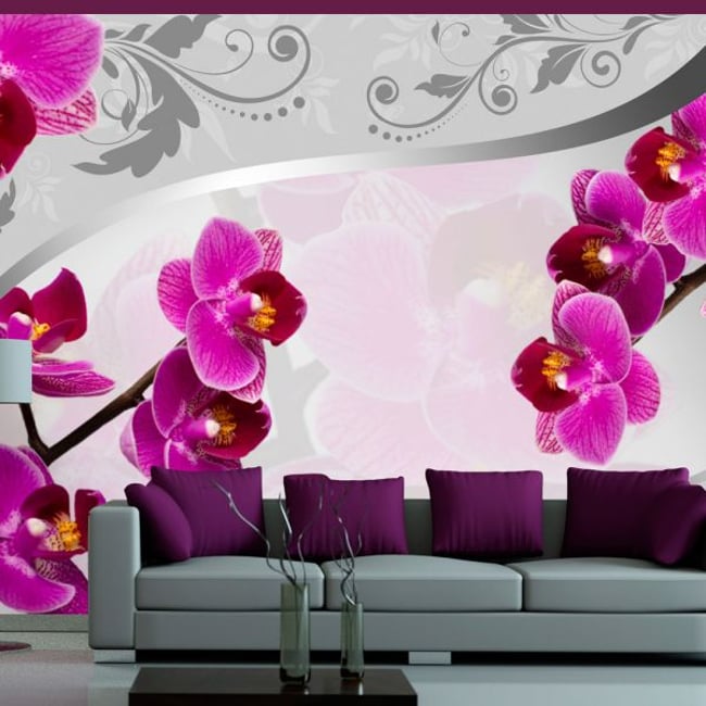 Papier peint intissé panoramique Fleurs Solace Couleur gris / argent <span itemprop=