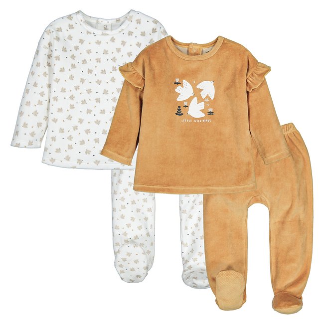 Pack of 2 Pyjamas in Bird Print Cotton Mix Velour, camel/ecru, LA REDOUTE COLLECTIONS
