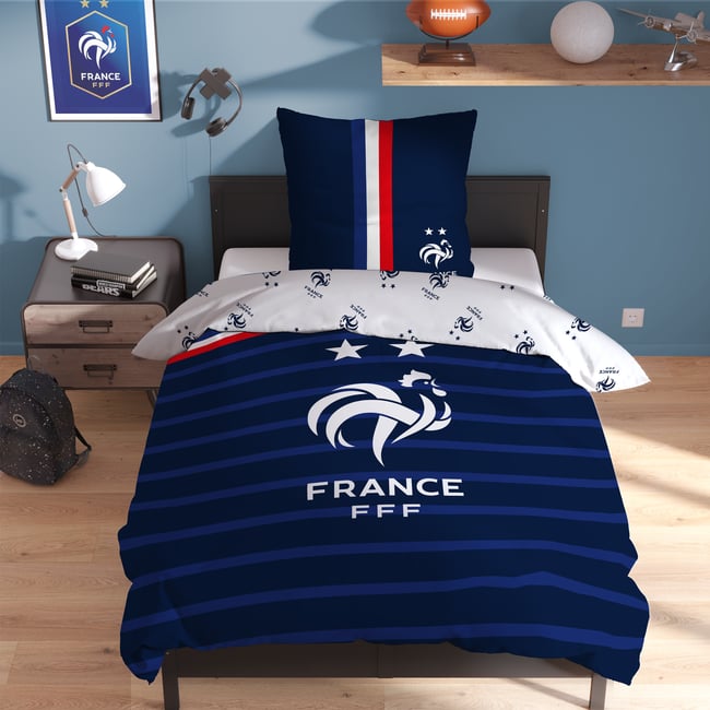 Parure de lit imprimée 100% coton, Équipe de France de Football RAYURES bleu <span itemprop=