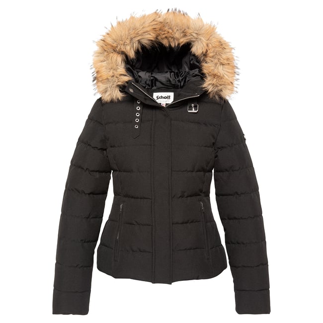 Blouson cintré à capuche bordée de imitation fourrure noir <span itemprop=