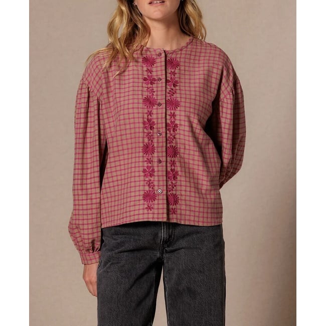 Blouse brodée à carreaux, BINU groseille <span itemprop=