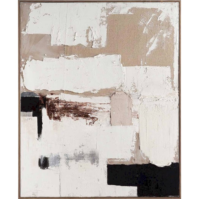 Tableau abstrait rectangulaire sur toile Couleur blanc beige touches de noir et marron <span itemprop=