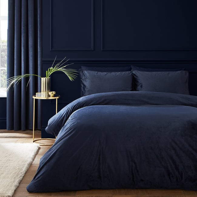 Kingsley Soft Matt Velvet Duvet Cover and Pillowcase Set, navy, CATHERINE LANSFIELD
