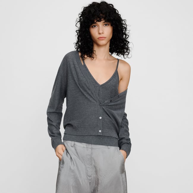 Cardigan en laine mérinos à micro-paillettes anthracite <span itemprop=