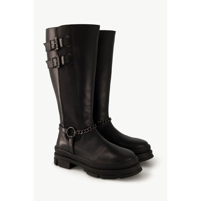 Bottes en cuir avec chaîne , pied large noir <span itemprop=