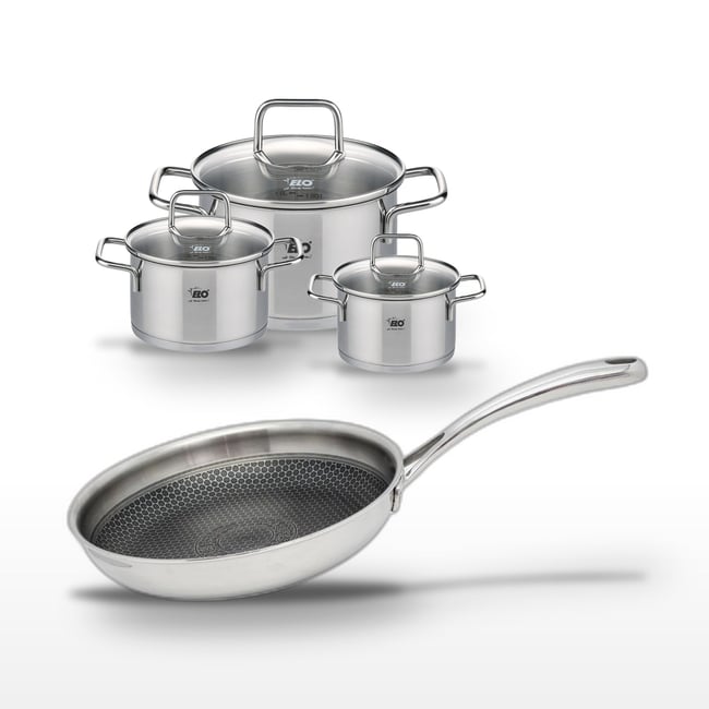 Batterie 1 poêle 28cm + 3 faitouts 12/14/20cm RELIEF EVOLUTION inox <span itemprop=