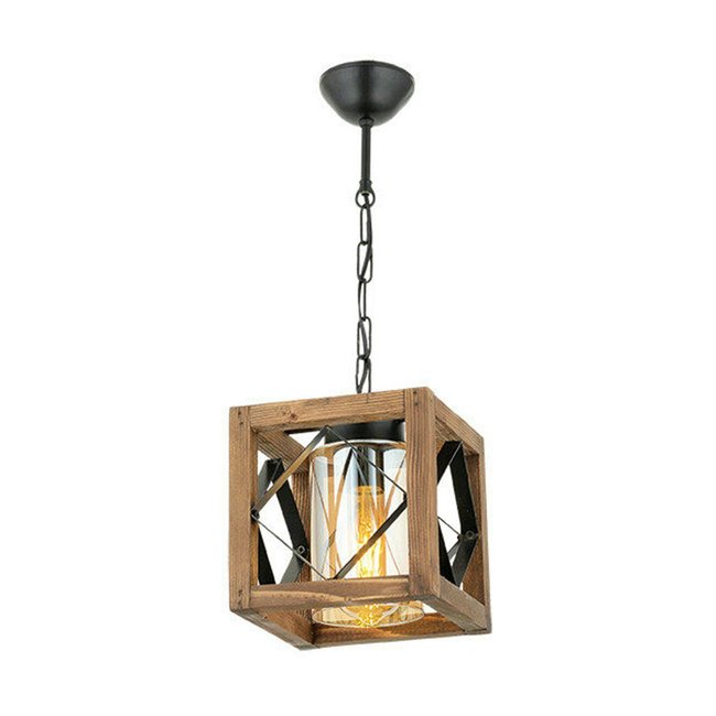 Suspension industrielle cube – bois et métal noir CAMOGLI Couleur bois naturel <span itemprop=