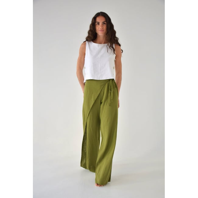 Pantalon large effet paréo CARLOTA vert olive <span itemprop=