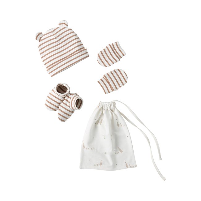 Ensemble naissance bonnet + moufles + chaussons + pochon cappuccino <span itemprop=