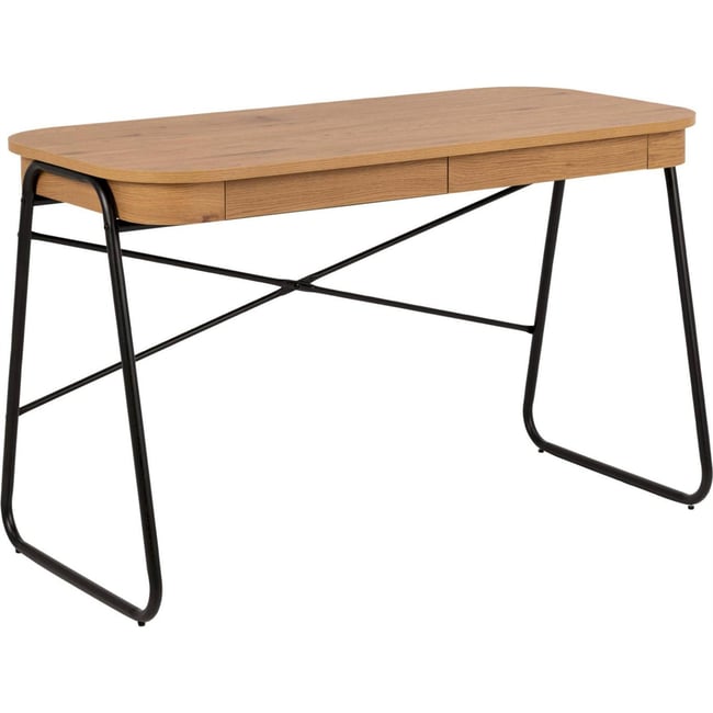 Bureau LIZENO 2 tiroirs piètement métal Couleur chêne naturel mat et noir <span itemprop=