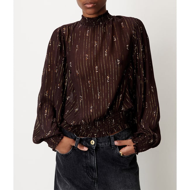 Blouse col montant manches longues, DUCHESS marron <span itemprop=
