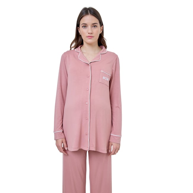Ensemble 2 pièces pyjama uni de grossesse bois de rose <span itemprop=