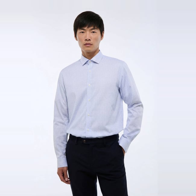 Chemise ville à carreaux col italien en coton blanc <span itemprop=