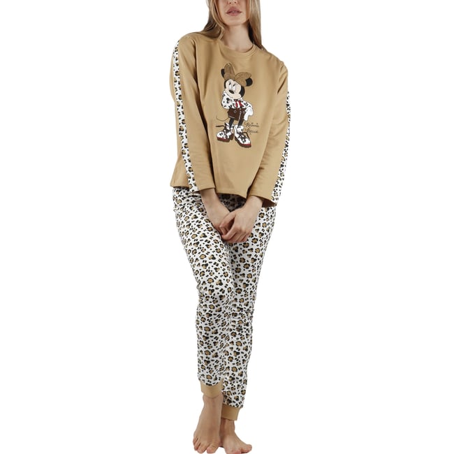 Pyjama tenue pantalon top manches longues Minnie Leopardo Disney marron <span itemprop=