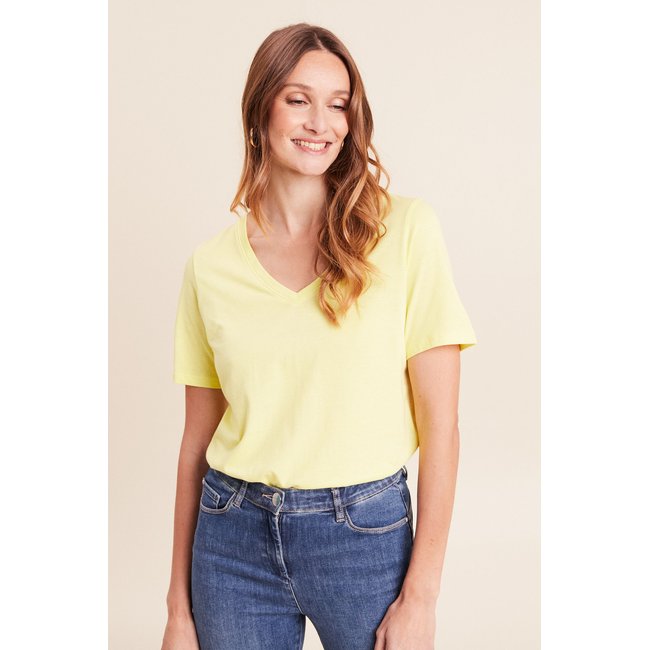 T-shirt col v manches courtes jaune clair <span itemprop=
