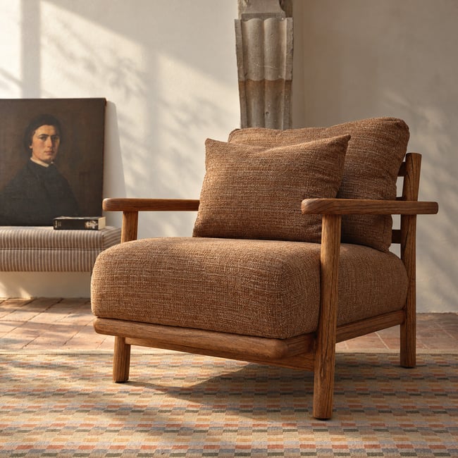 Fauteuil en mindi massif et tissu texturé  ELIAS Couleur cappuccino <span itemprop=
