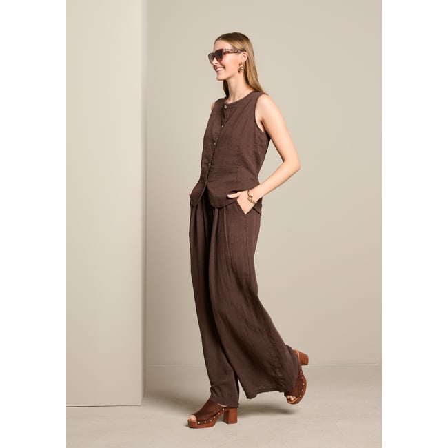 Pantalon large en lin brun fonce chocolate <span itemprop=