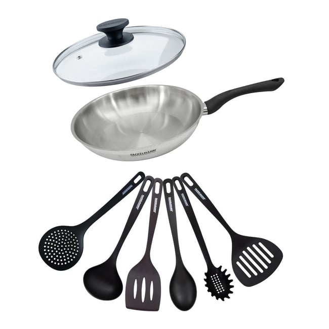 Set poêle 28 cm en inox, couvercle verre et 6 ustensiles GENEVA inox|noir <span itemprop=