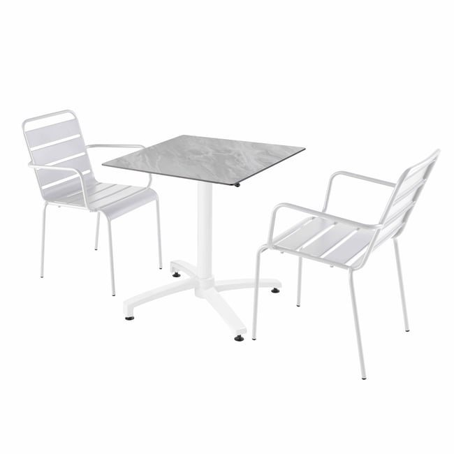 Table en HPL inclinable pied blanc et 2 chaises en métal, OPERA marbre <span itemprop=